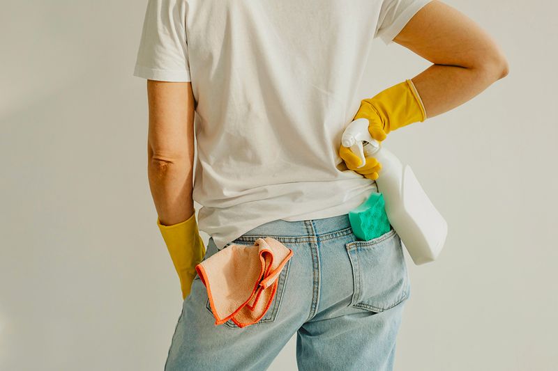 Anonymous woman photographed from behind. She's wearing a pair of jeans and a white t-shirt with a sponge and cleaning cloth in her back pockets. She's also wearing cleaning gloves and holding a spray bottle.
