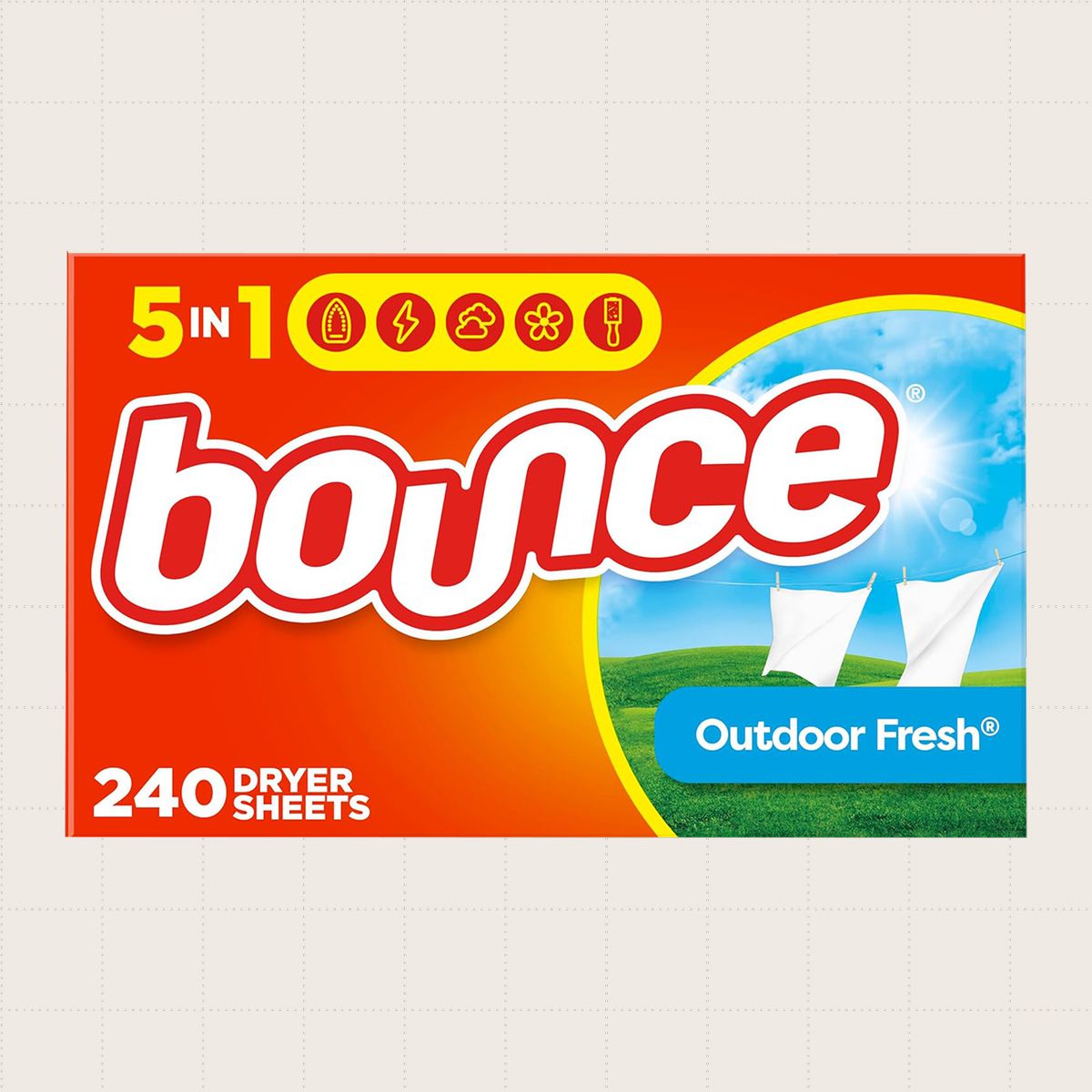 A box of 240 Bounce dryer sheets in the 'Outdoor Fresh' scent.