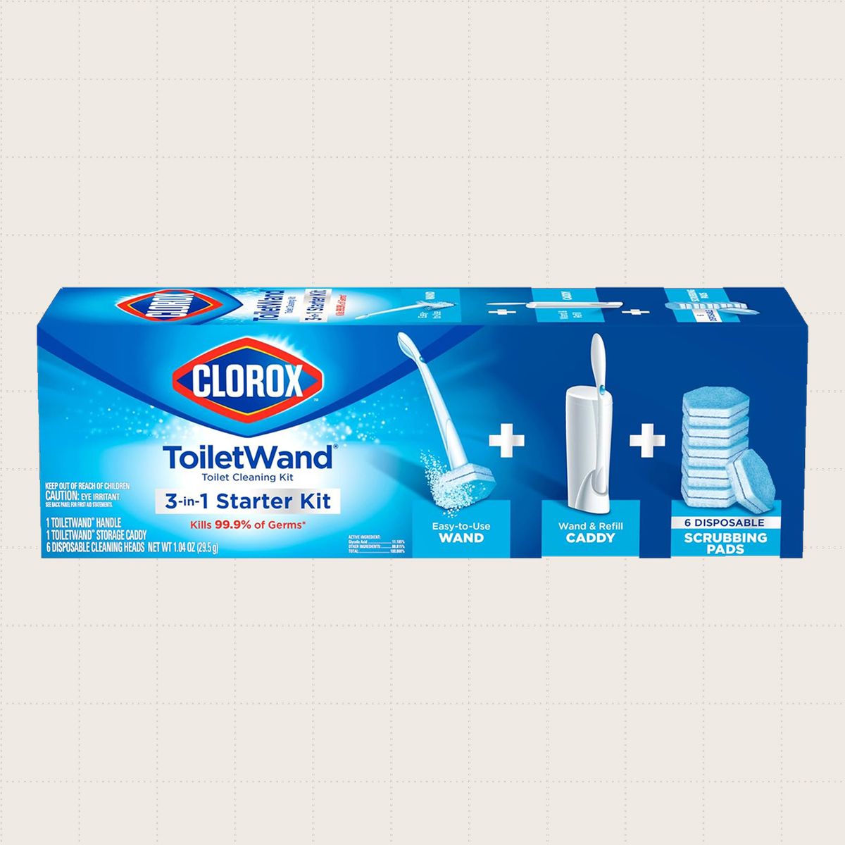 The Clorox Toilet Wand Cleaning Kit, which includes a handle, caddy, and six refills.