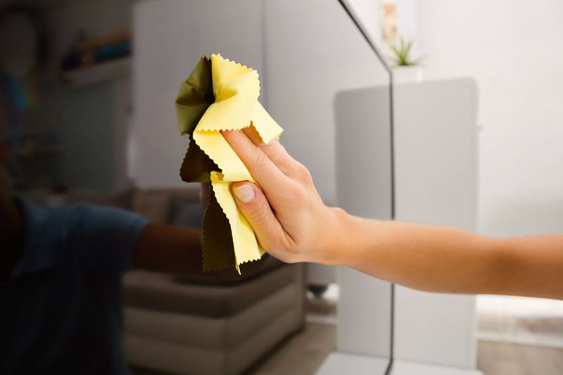 Anonymous person wiping down a turned-off TV screen with a yellow cloth.