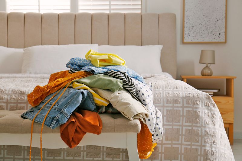 A pile of colorful clothing on a bench at the end of a bed.