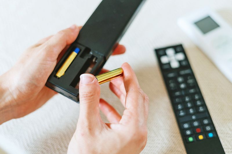 Person putting a battery into the back of a TV remote.
