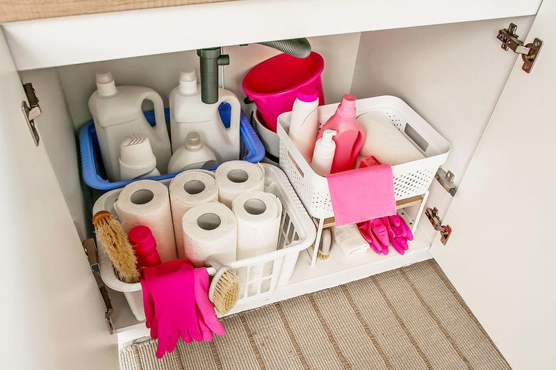A cabinet under a kitchen sink that's stocked with cleaning supplies including paper towel rolls, detergent bottles, and cleaning gloves.