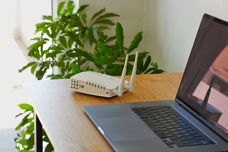 An open laptop next to a Wi-Fi router on a wooden desk. Next to the desk is a potted plant.