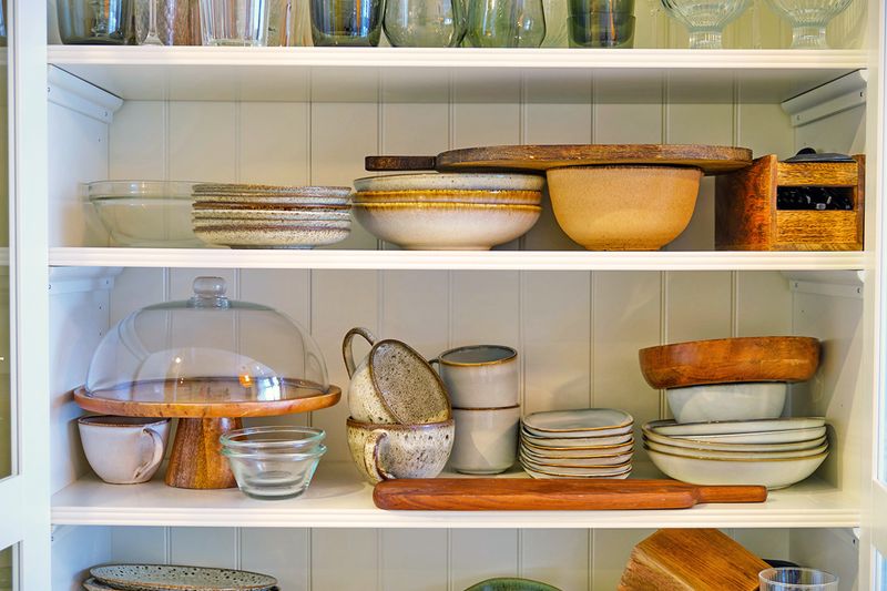 An open cabinet filled with stacks of entertainment pieces including bowls, cheese boards, cake stands, plates, glasses, and more.