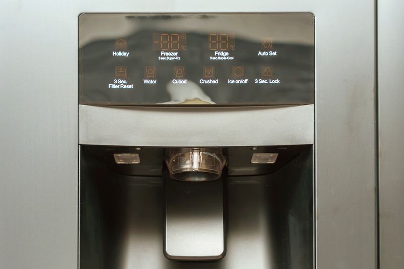 A close-up of a stainless steel refrigerator's display and ice and water dispenser.