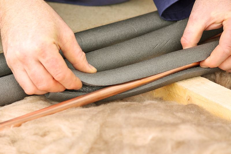 Anonymous person wrapping copper pipes in gray foam insulation.