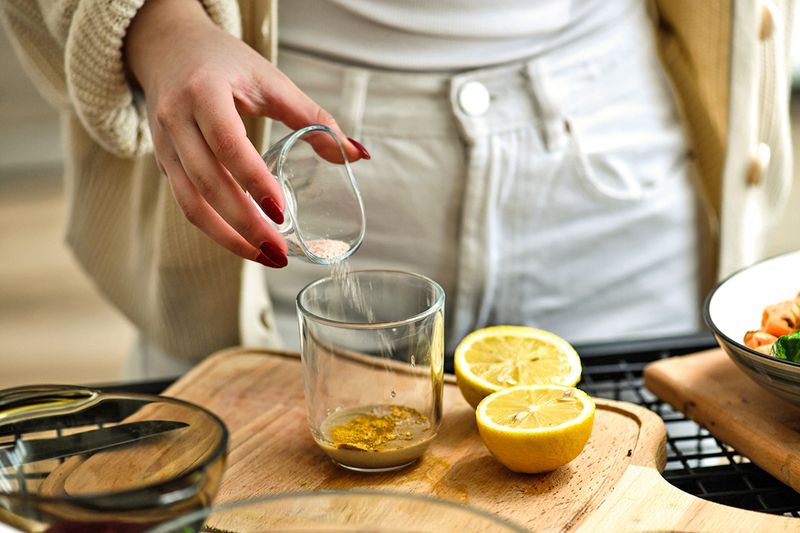 Anonymous woman adding a small glass bowl of pink pink Himalayan salt to a larger bowl containing a blend of spices. Next to the bowl are two lemon halves.