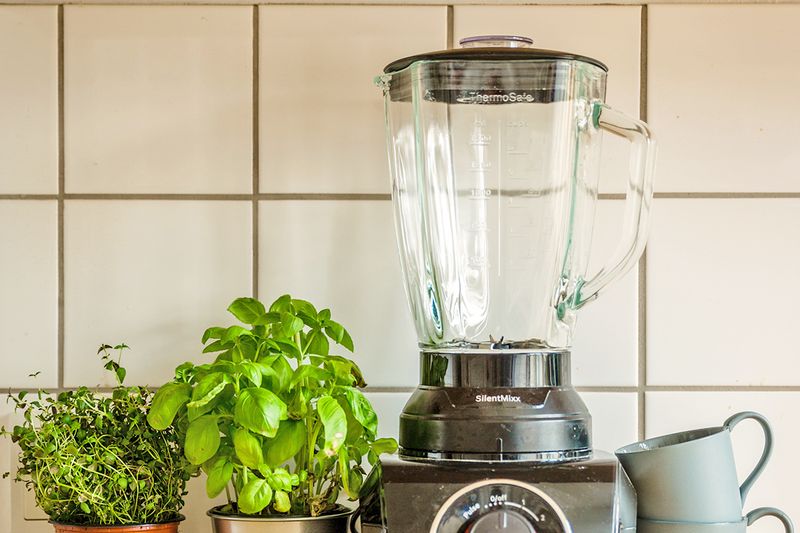 A clean, full-size blender with a glass pitcher on a kitchen countertop next to a couple of potted herbs.