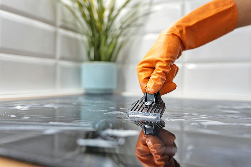 Anonymous person wearing an orange cleaning glove using a scraper tool to clean a glass cooktop.