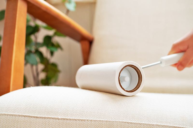 Anonymous person using a lint roller on a white, upholstered accent chair.