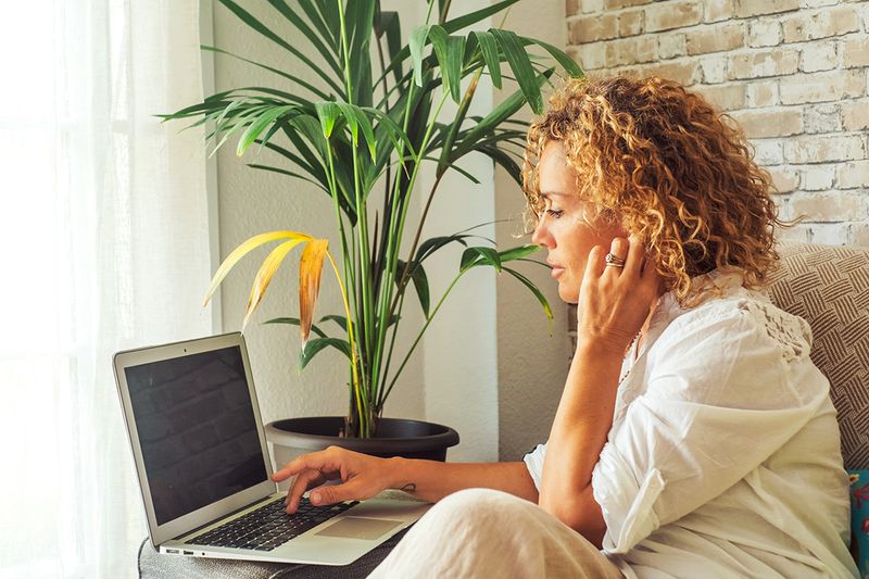 A woman with curly hair working on a laptop in a room with a brick wall, potted plant, and white curtains.