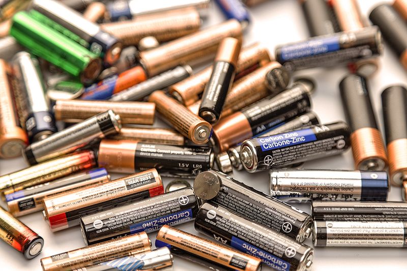 Loose batteries of various brands and sizes on a flat surface.