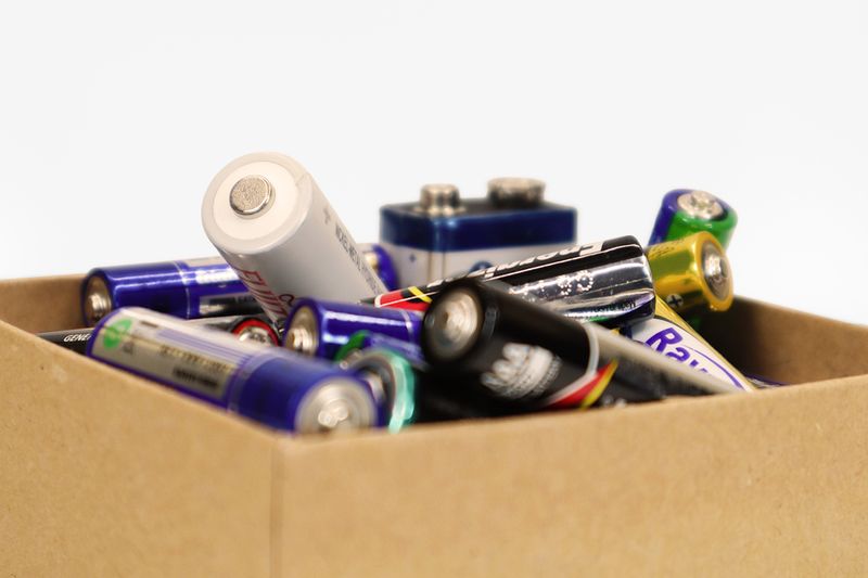 Close-up of a cardboard box full of batteries of different sizes and manufacturers.