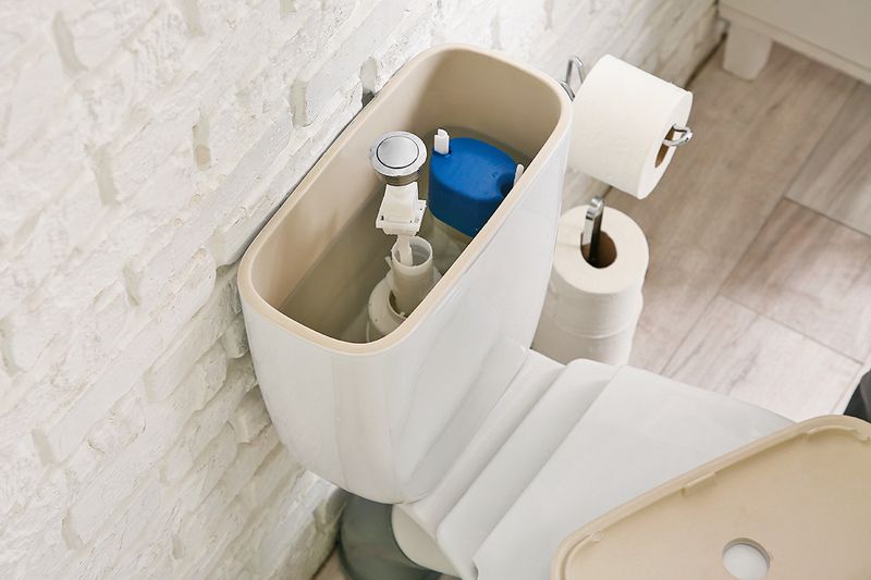 An open tank of a toilet, exposing the internal components.