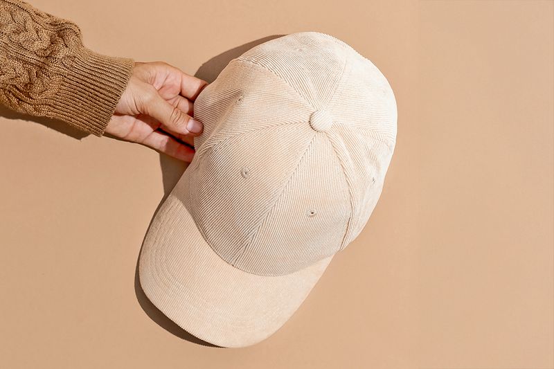 Anonymous person holding an off-white velvet baseball hat in front of a beige background.