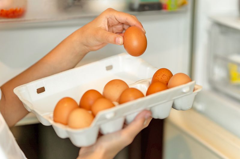 Anonymous person picking an egg out of a full carton.