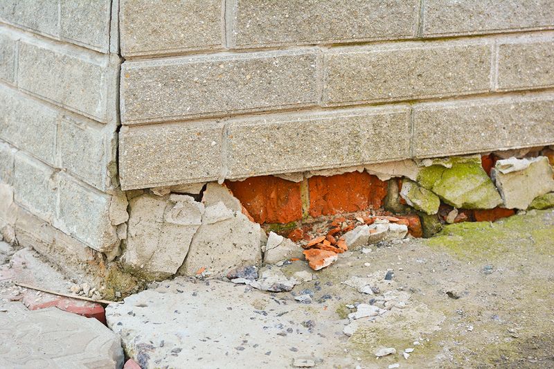 The corner of a brick house with a crumbling foundation due to moisture.
