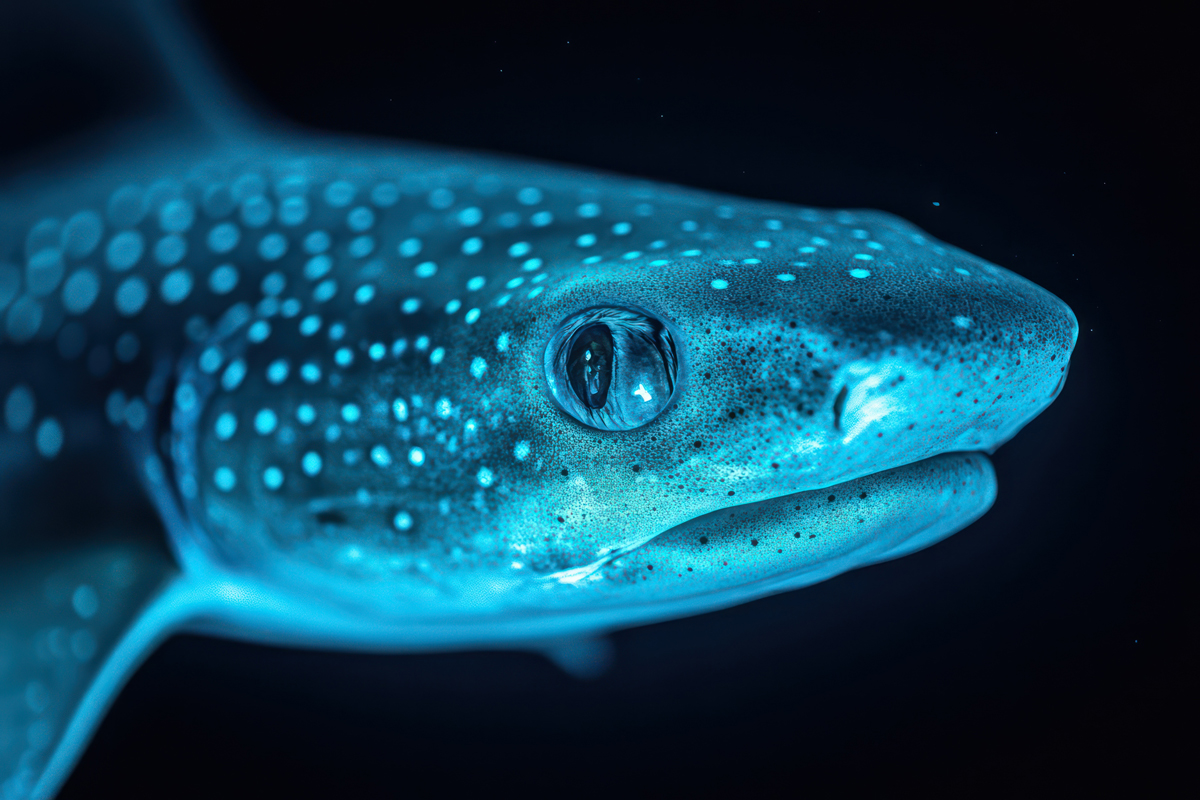 Close-up of lantern shark emitting a blue glow