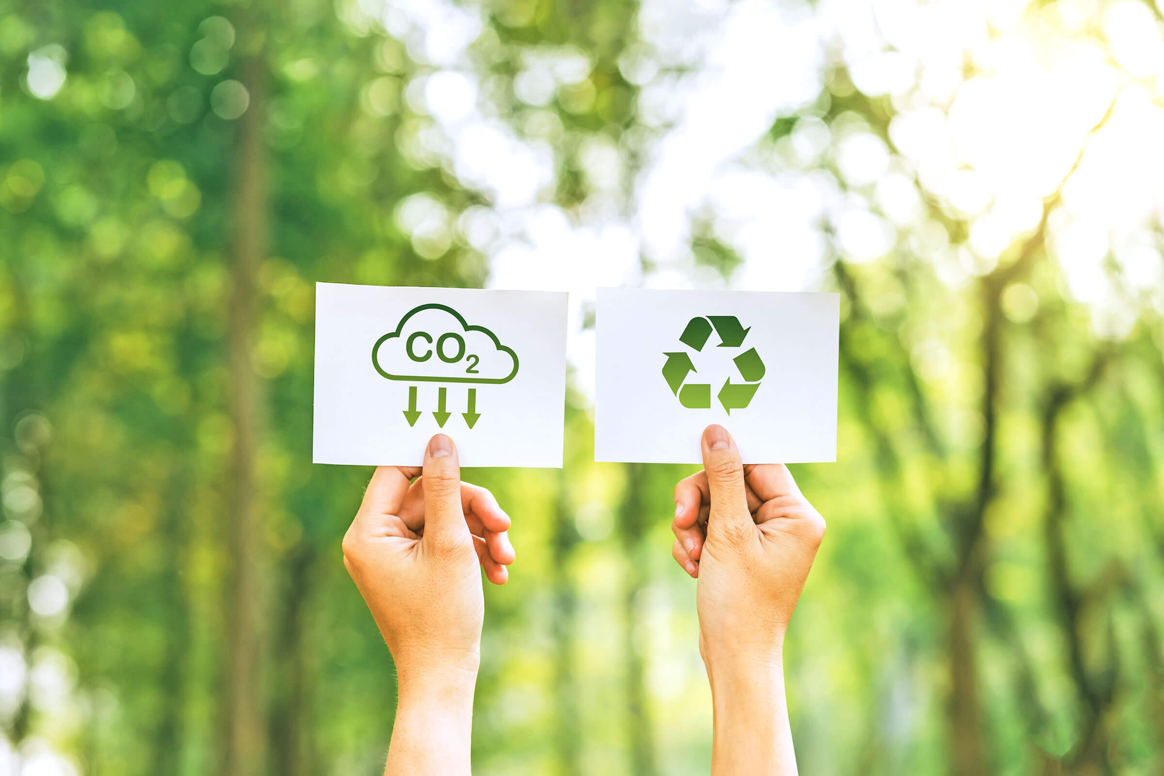 Person holding up two sign promoting recycling and taking care of the environment