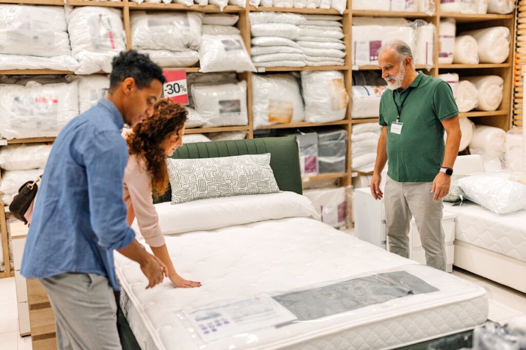 Couple testing mattresses