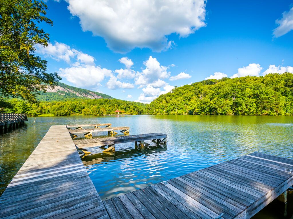 Empty docks on Lake Lure in North Carolina