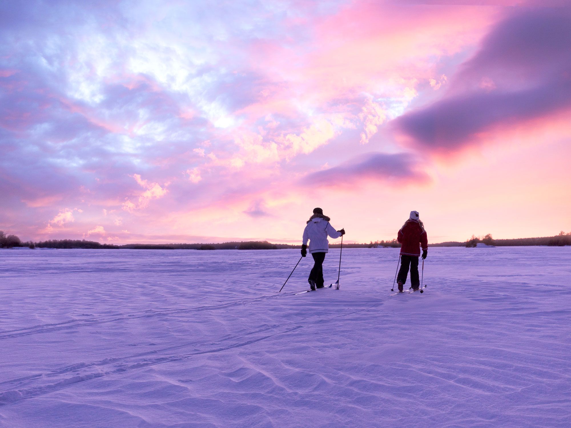 Cross-country skiers in snowy Minnesota landscape at sunset