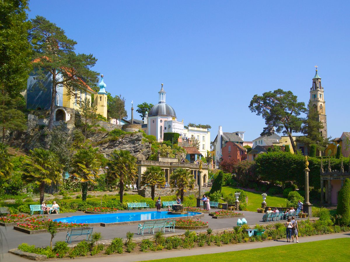 Park and buildings in Portmeirion, Wales