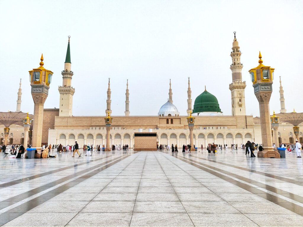 Worshippers at the Prophet's Mosque in Medina, Saudi Arabia