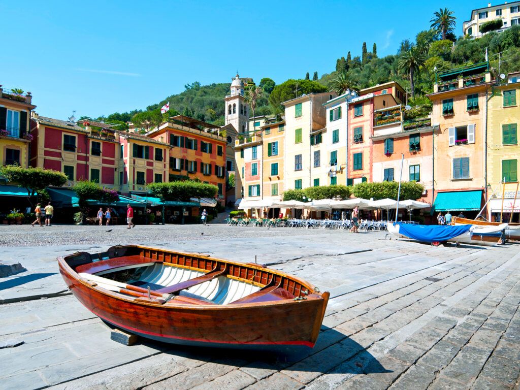 Boats in plaza in Portofino, Italy