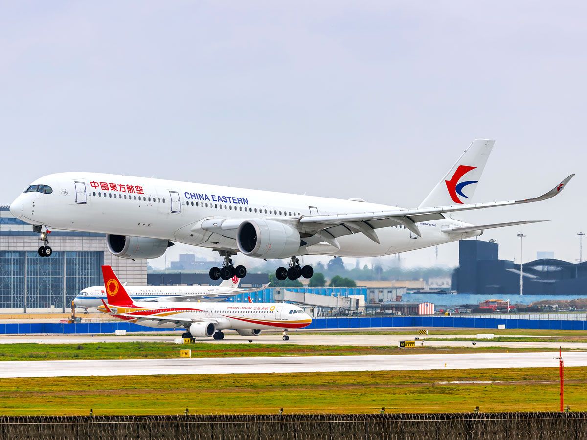 China Eastern Airlines Airbus A350 landing at Chengdu Shuangliu Airport in China