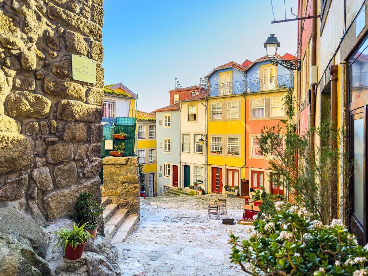 Narrow streets and colorful buildings in Porto, Portugal