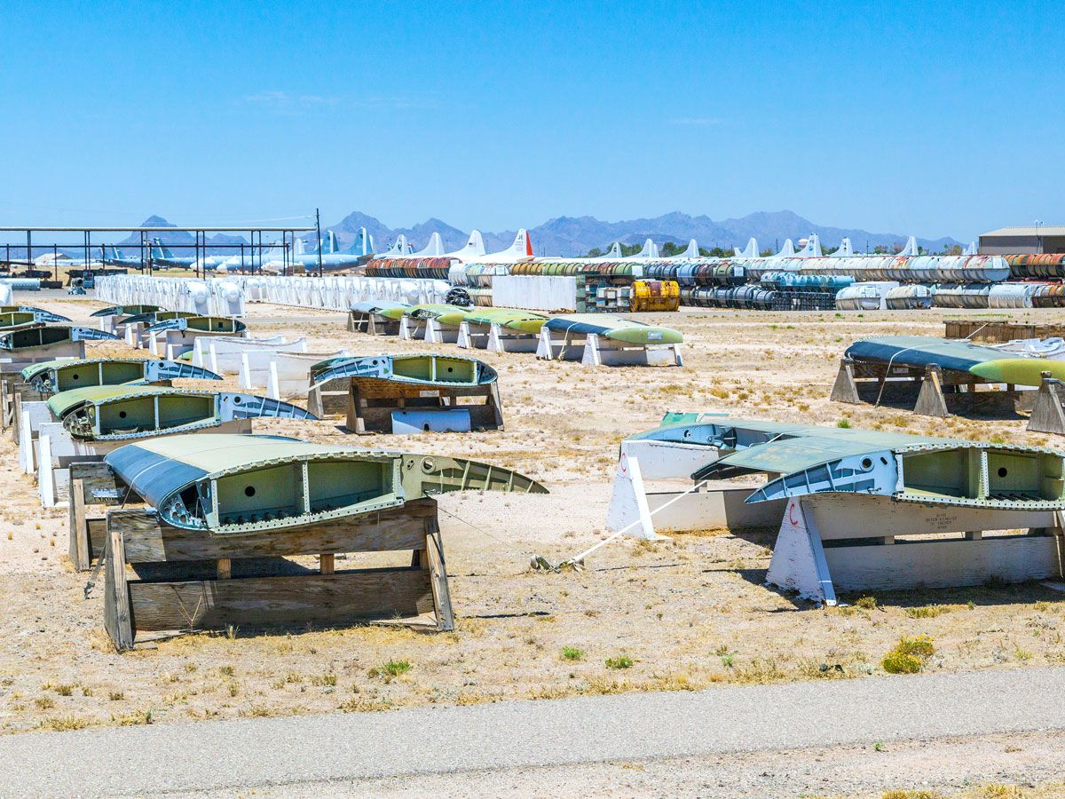 Wing parts stored at the Davis-Monthan Air Force Base boneyard in Tucson, Arizona
