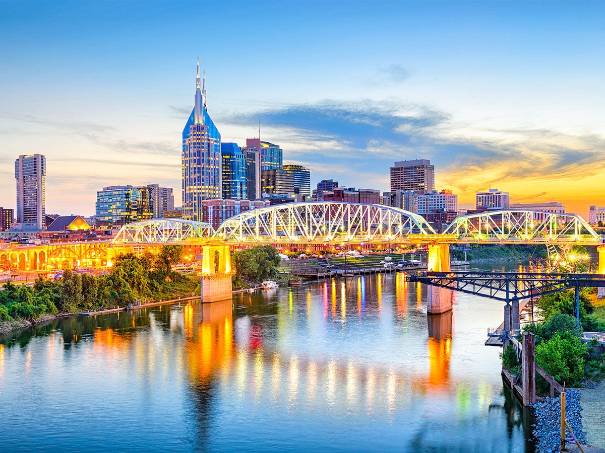 Nashville skyline and river at sunset
