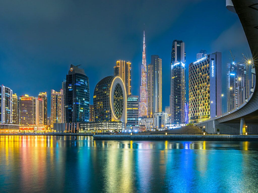Dubai skyline and waterfront at night