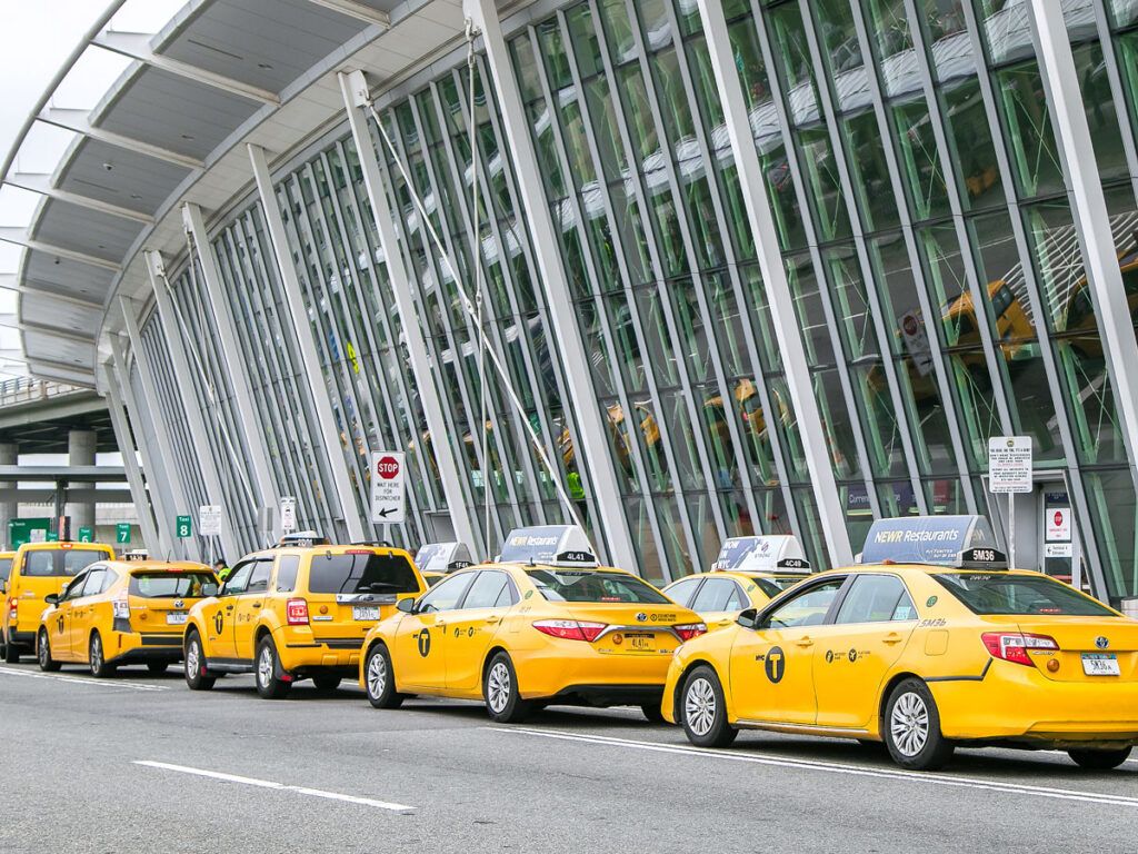 Yellow cabs waiting outside of New York's JFK Airport
