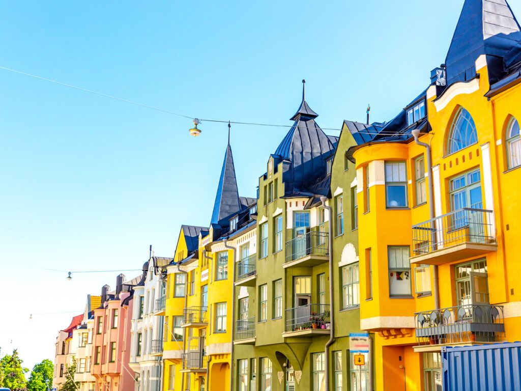 Row of brightly painted homes in Helsinki, Finland