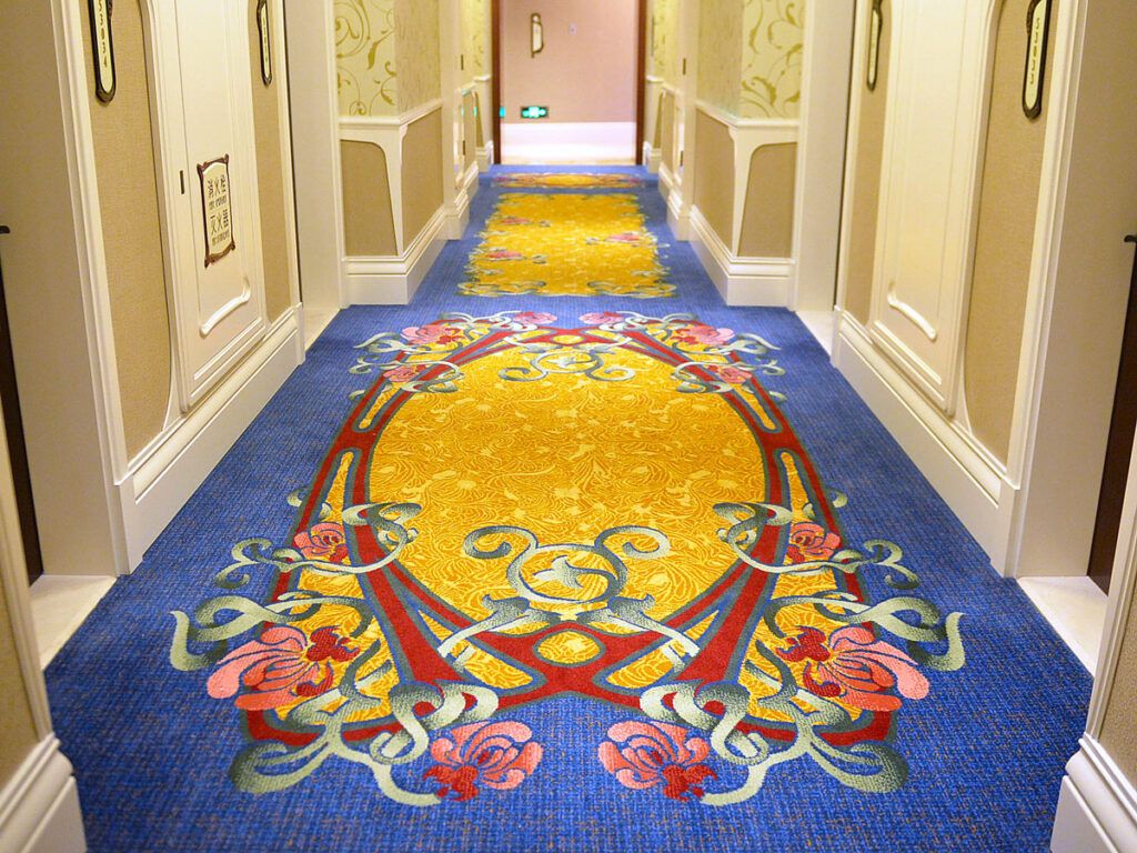 Splashy carpeting in hotel hallway