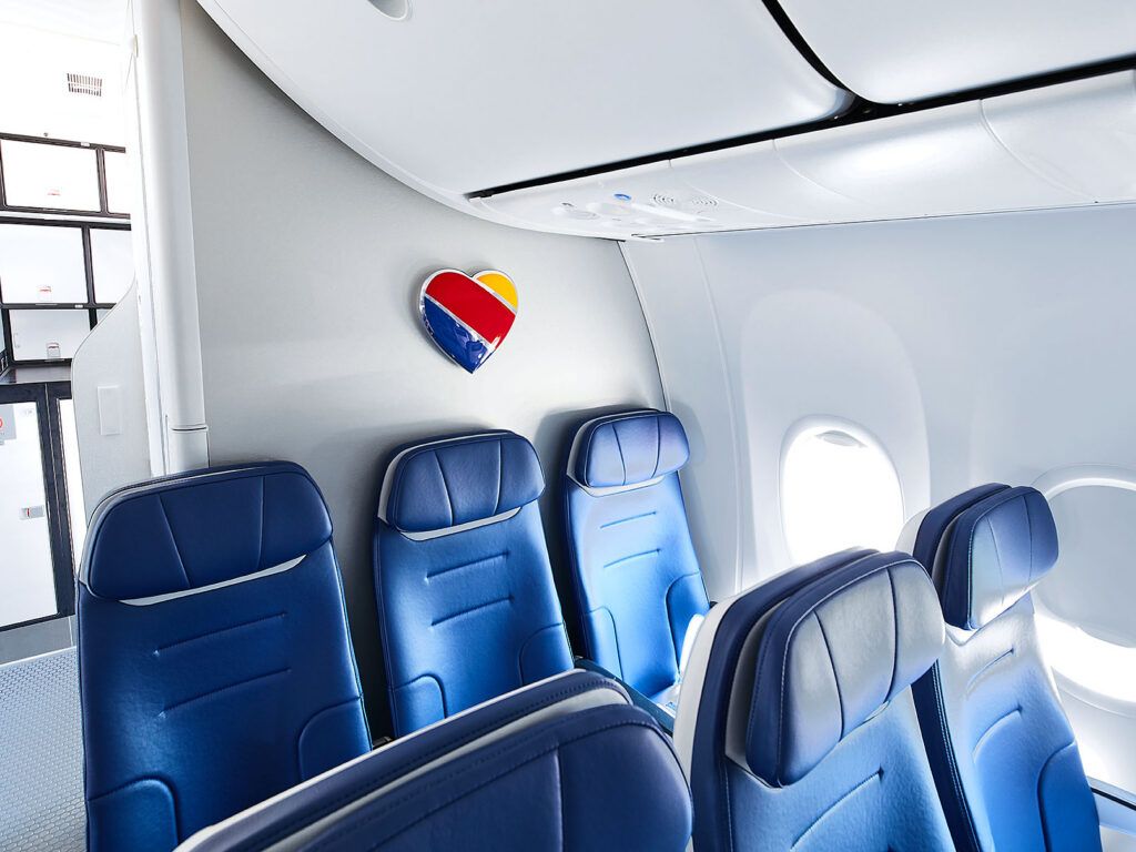 Blue seats on Southwest Airlines Boeing 737