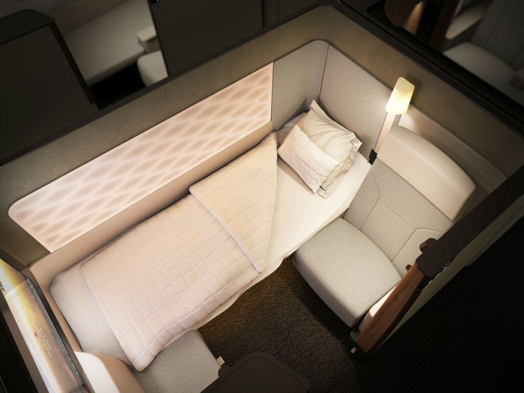 Overhead view of first-class suite on Qantas Airbus A350-1000ULR