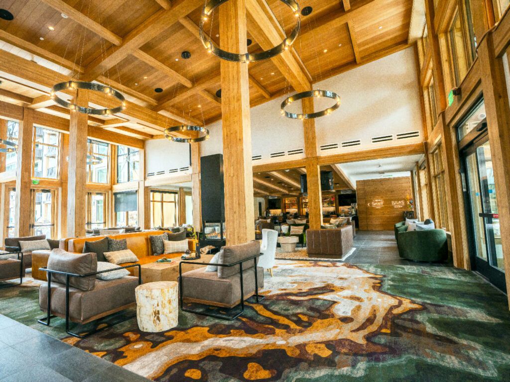 Lobby with colorful carpeting at the Kindred Resort in Keystone, Colorado