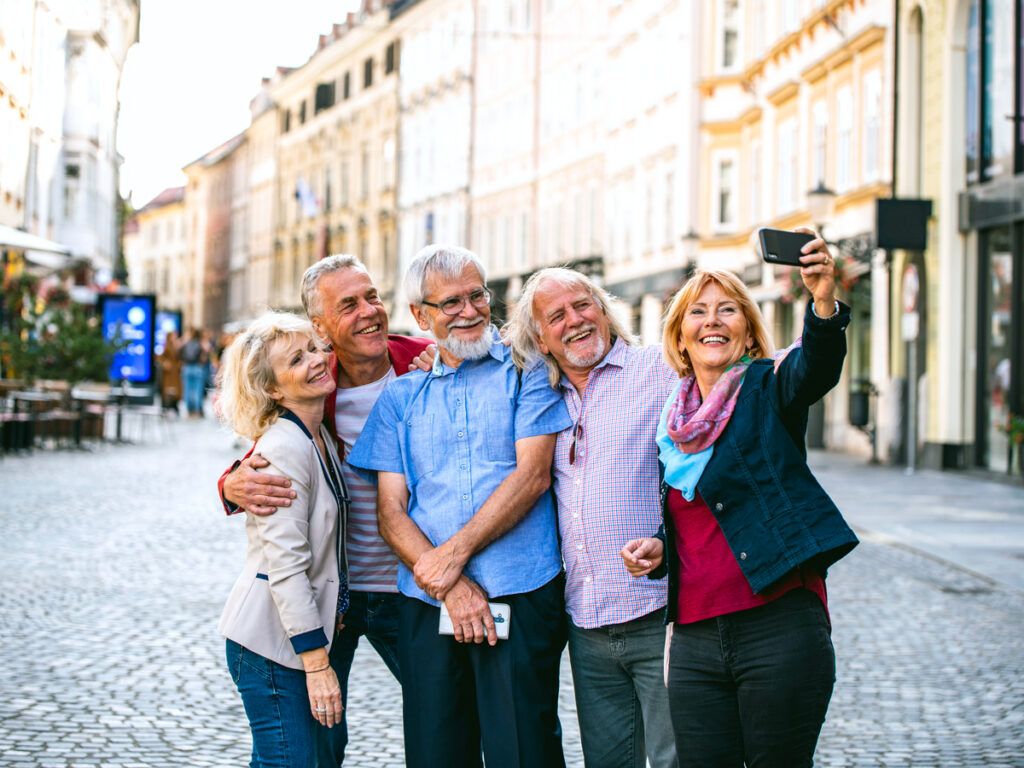 Group of travelers taking a selfie on the street