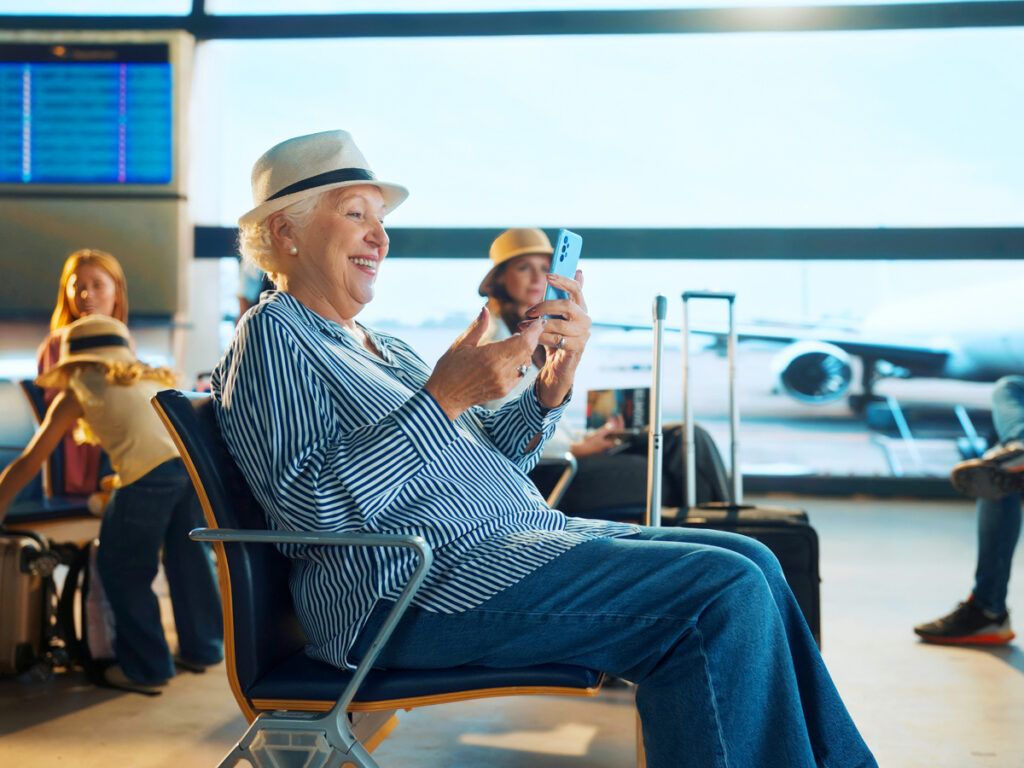 Traveler waiting at gate before flight boards