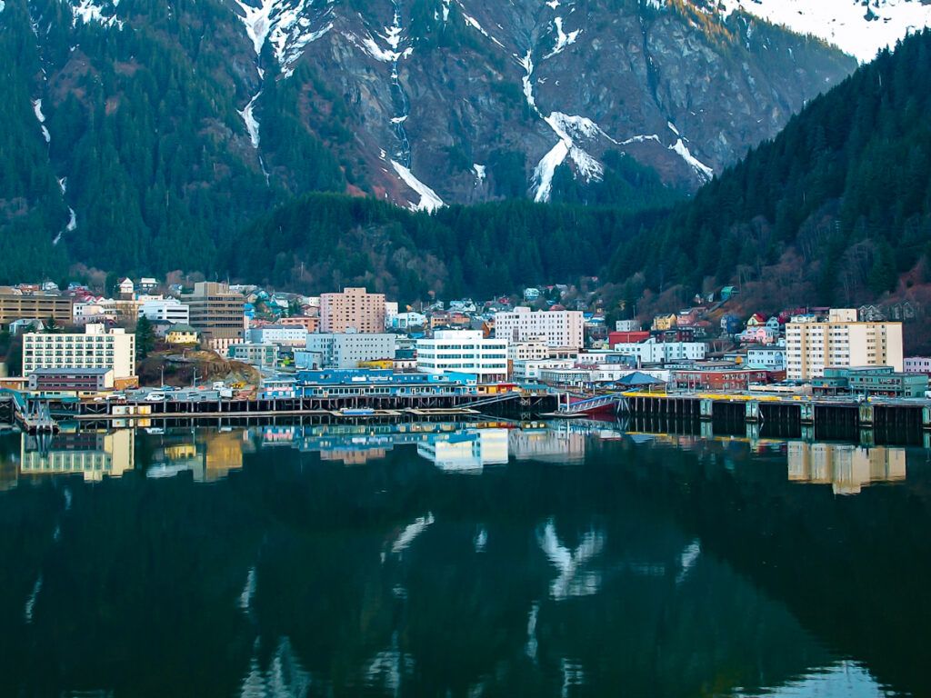 Cityscape of Juneau, Alaska, in the shadow of mountains