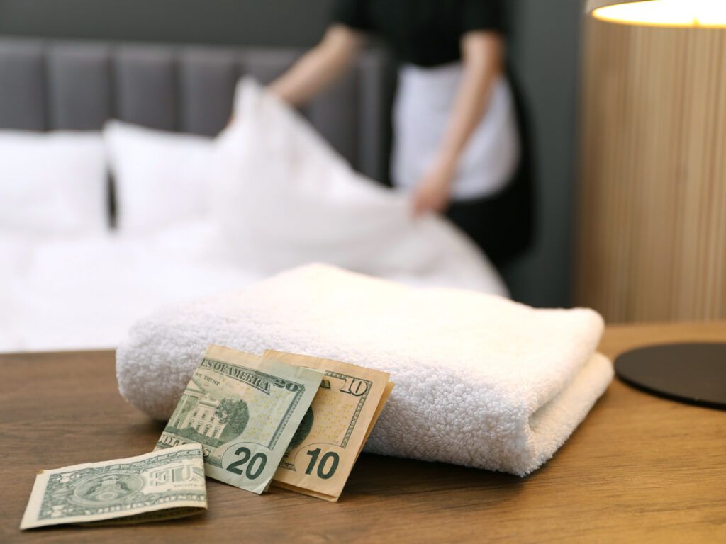 Cash tip for housekeeping on hotel room table