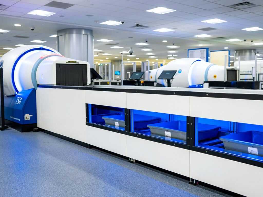 A TSA airport security screening checkpoint