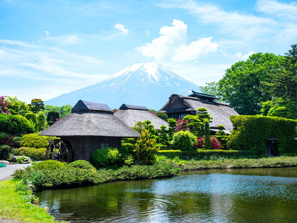 Mount Fuji behind Japanese village of Oshino Hakkai 
