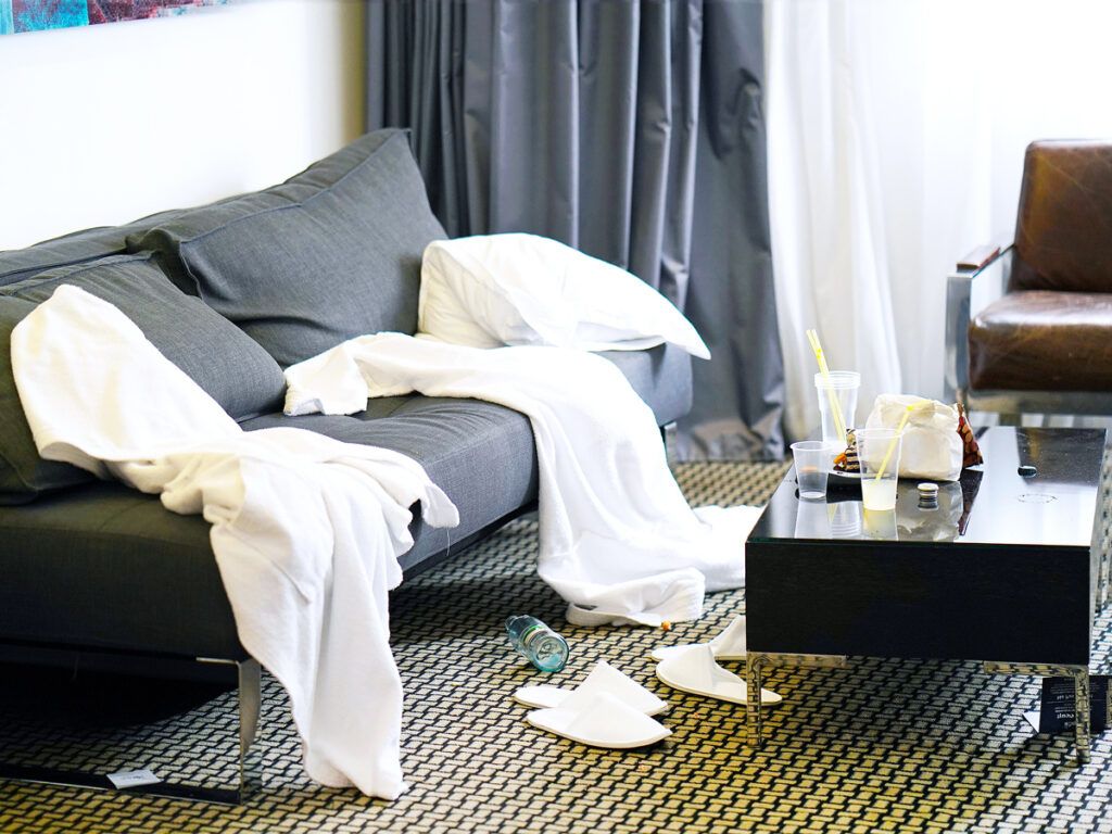 A messy hotel room
