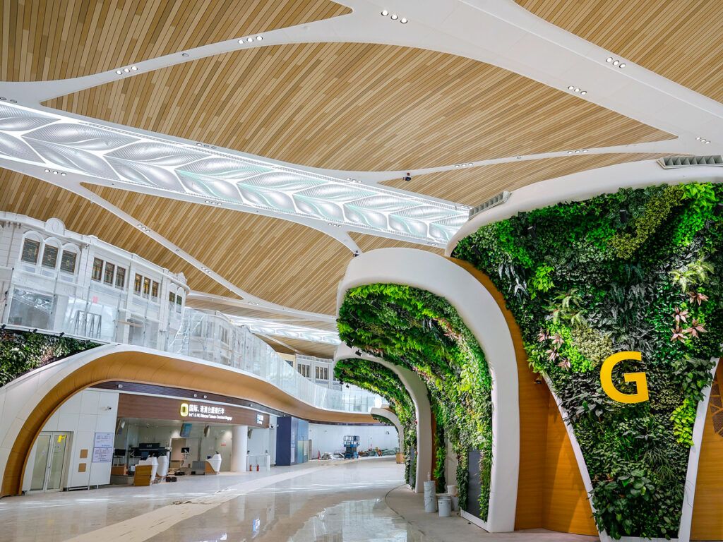 Wood-paneled ceiling at Guangzhou Baiyun International Airport, China