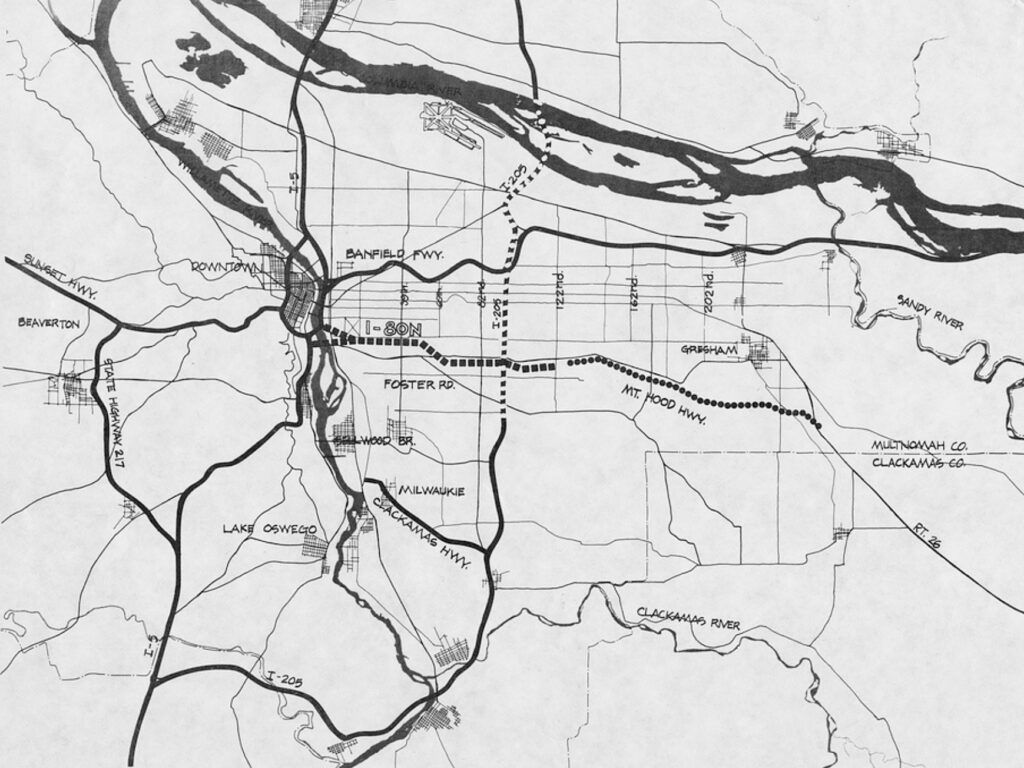 Historical map of planned Mount Hood Freeway through Portland, Oregon